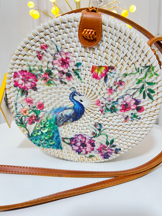 Peacock white round sling bag