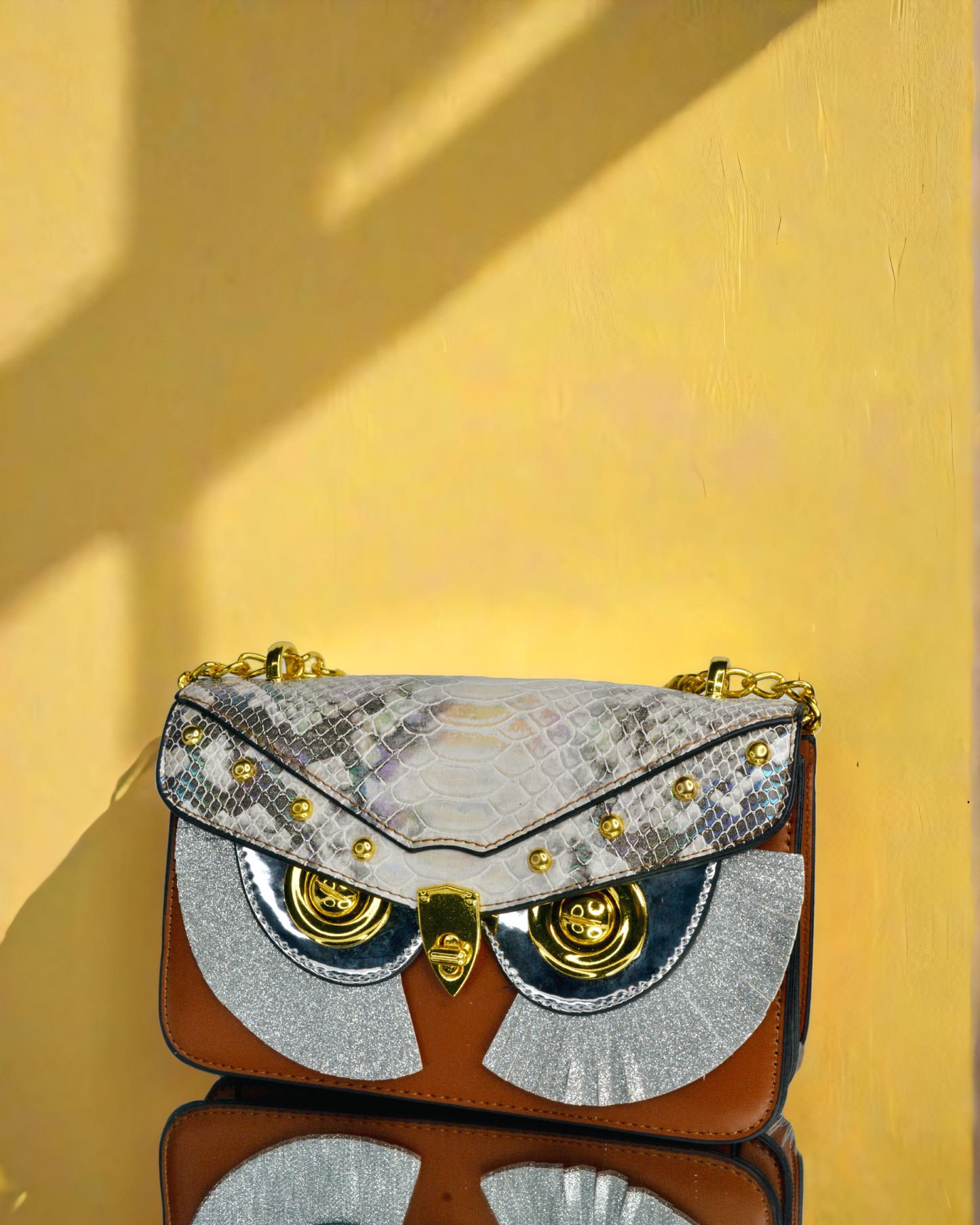 Designer sling sequenced brown owl face handbag