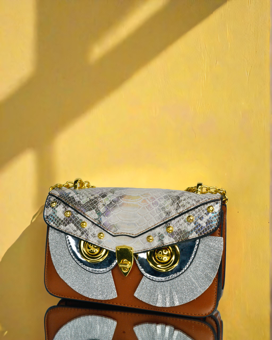 Designer sling sequenced brown owl face handbag