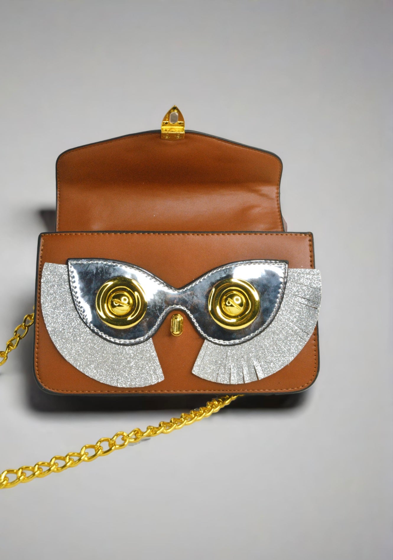 Designer sling sequenced brown owl face handbag