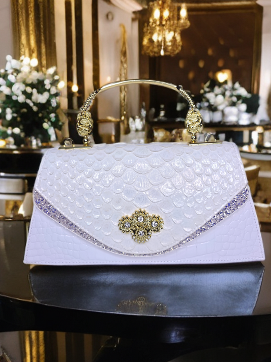 White Designer Party Clutch with Golden Handle – Embellished Floral & Glitter Trim | Premium Evening Bag