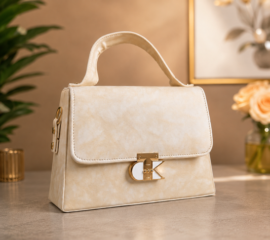 Elegant Cream Top-Handle Handbag with Distinctive Gold Clasp
