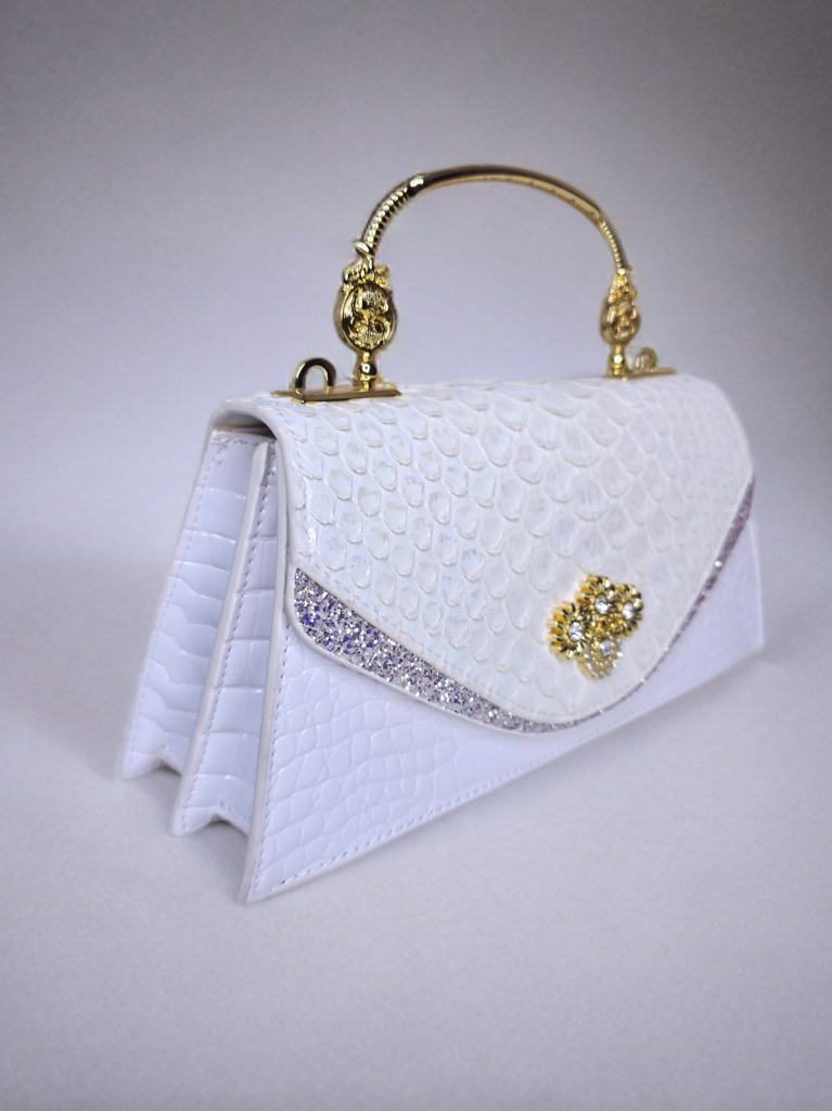 White Designer Party Clutch with Golden Handle – Embellished Floral & Glitter Trim | Premium Evening Bag