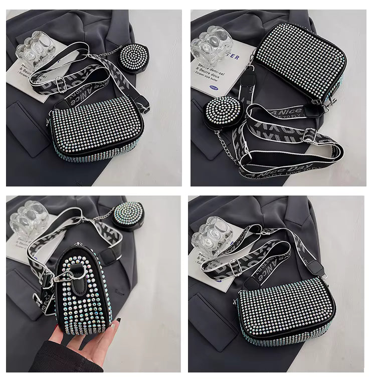 Black Rhinestone Crossbody Bag with Round Coin Purse – Sparkly Shoulder Bag with Strap for Women