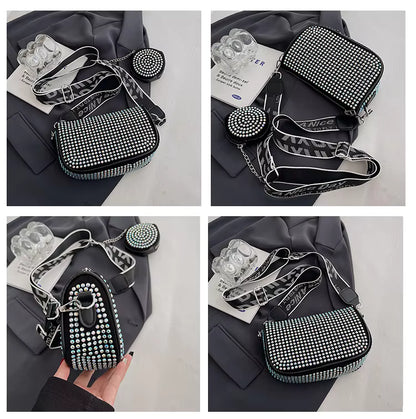 Black Rhinestone Crossbody Bag with Round Coin Purse – Sparkly Shoulder Bag with Strap for Women