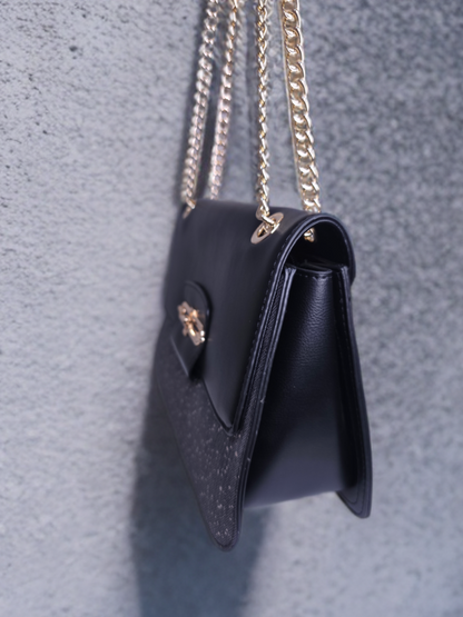 Elegant Black Structured Chain Sling Bag for Women – Dual Texture with Gold Turn Lock