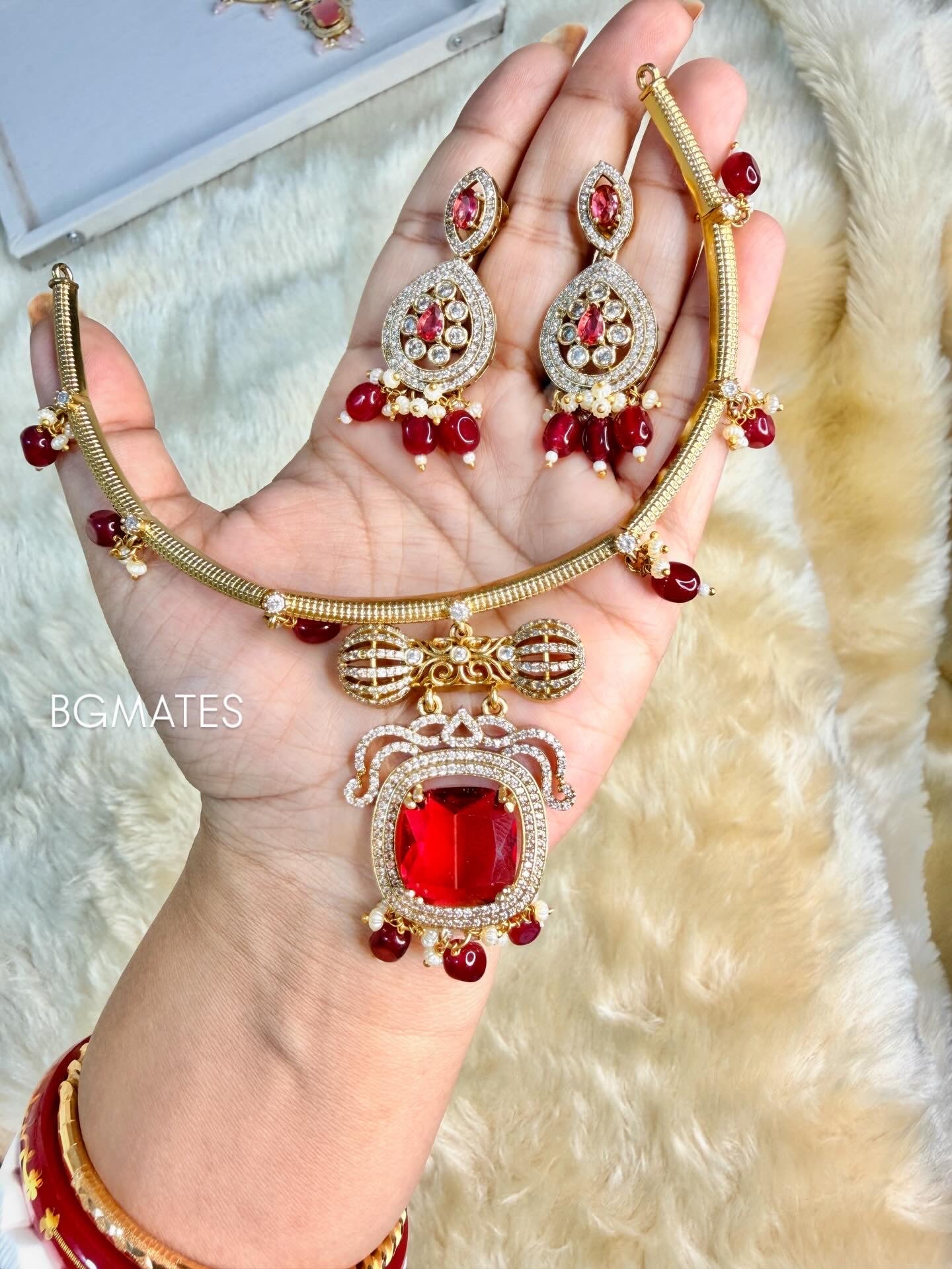 Dramatic Black Center Stone Pendant Necklace Set | Gold-Tone Green Beaded Drops & Matching Earrings | Festive Kundan Style