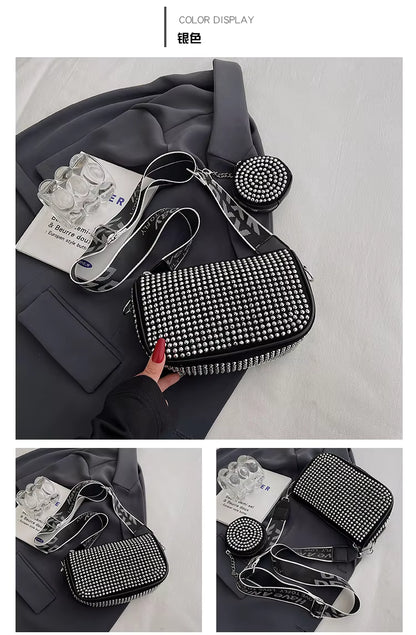 Black Rhinestone Crossbody Bag with Round Coin Purse – Sparkly Shoulder Bag with Strap for Women
