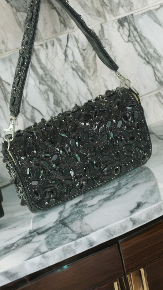 Black stone party statement clutch bag