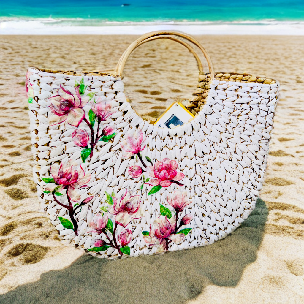Seagrass U-tote bag -02 | All the Cultures Fabricating India Straw Bag | Small Tote Bag | Basket Bag | Bamboo Tote | Beach Bags for Women | Boho Bag | Half Moon Bag | White Handbag
