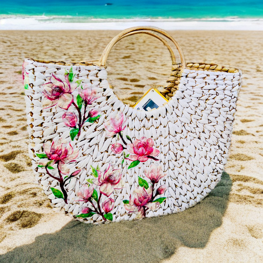 Seagrass U-tote bag -02 | All the Cultures Fabricating India Straw Bag | Small Tote Bag | Basket Bag | Bamboo Tote | Beach Bags for Women | Boho Bag | Half Moon Bag | White Handbag