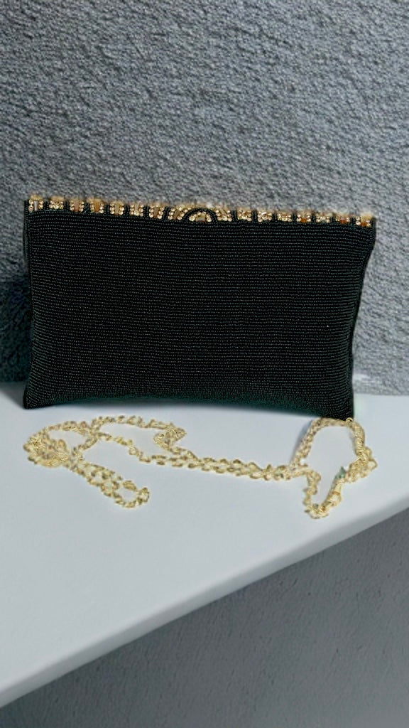 Party wear full stone embroidery golden with black clutch