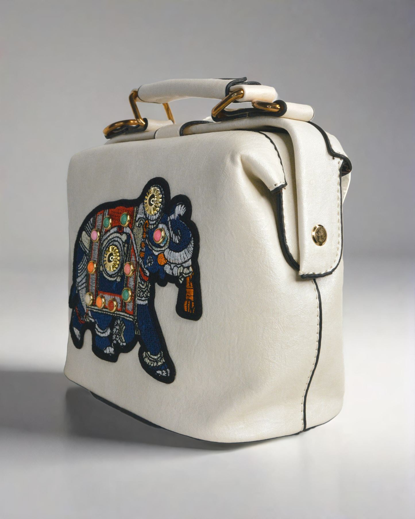 Elephant embroidery work white with black border handbag