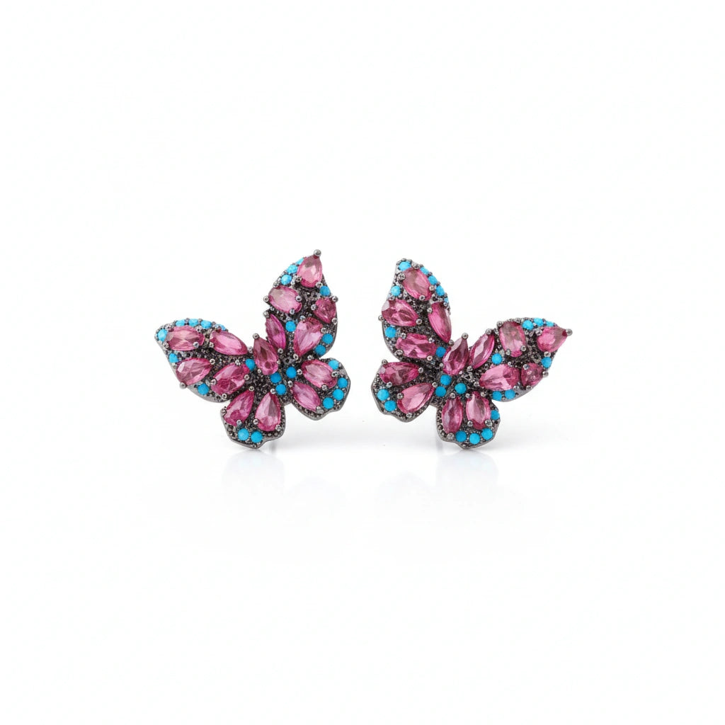 Vibrant Butterfly Gemstone Stud Earrings | Pink & Turquoise Pavé Design | Unique Statement Jewelry