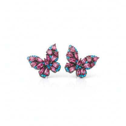 Vibrant Butterfly Gemstone Stud Earrings | Pink & Turquoise Pavé Design | Unique Statement Jewelry