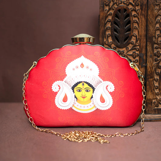 Bagmates Red Durga Face Printed D-Shape Clutch