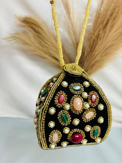 Velvet Multi  stone Potli