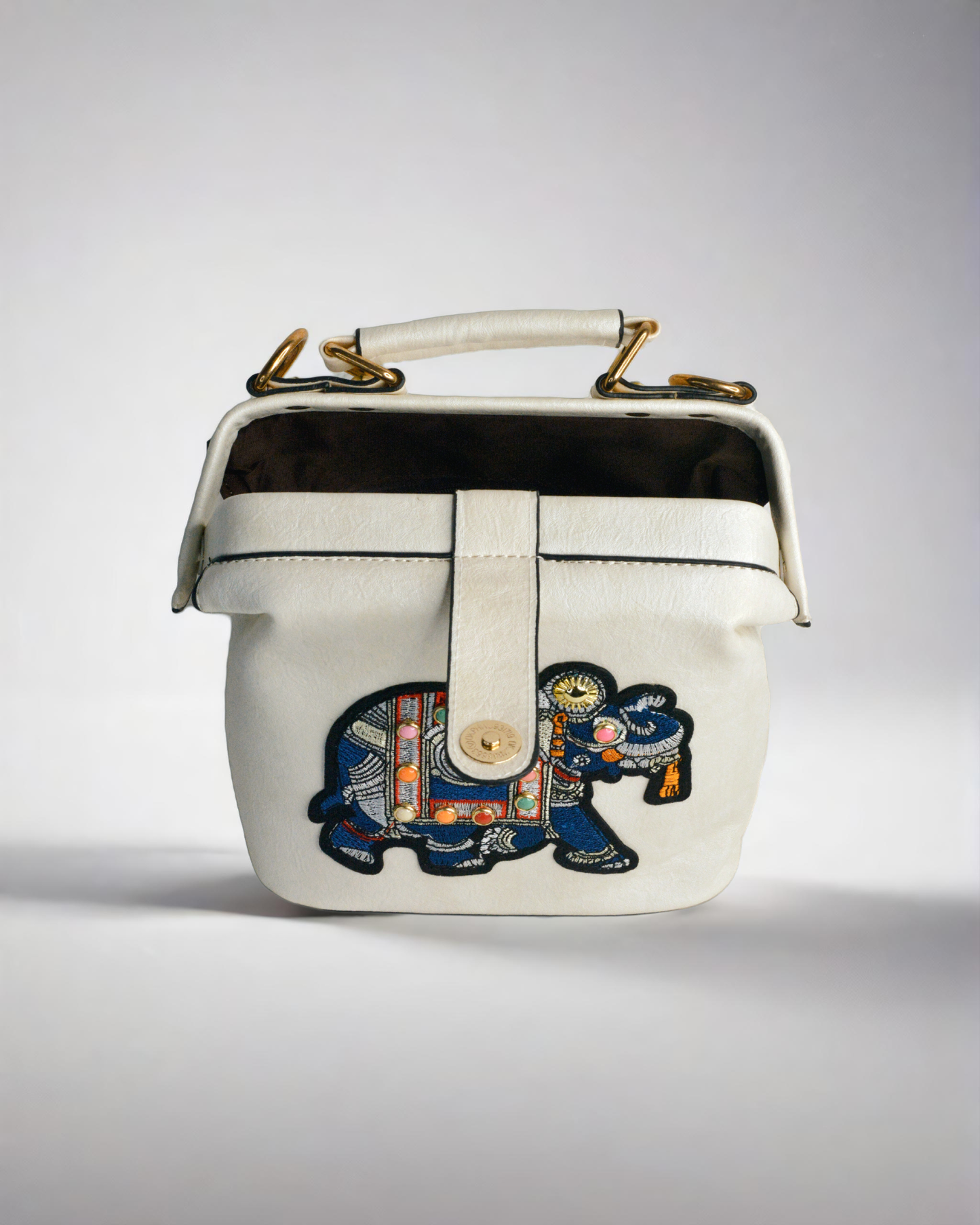 Elephant embroidery work white with black border handbag