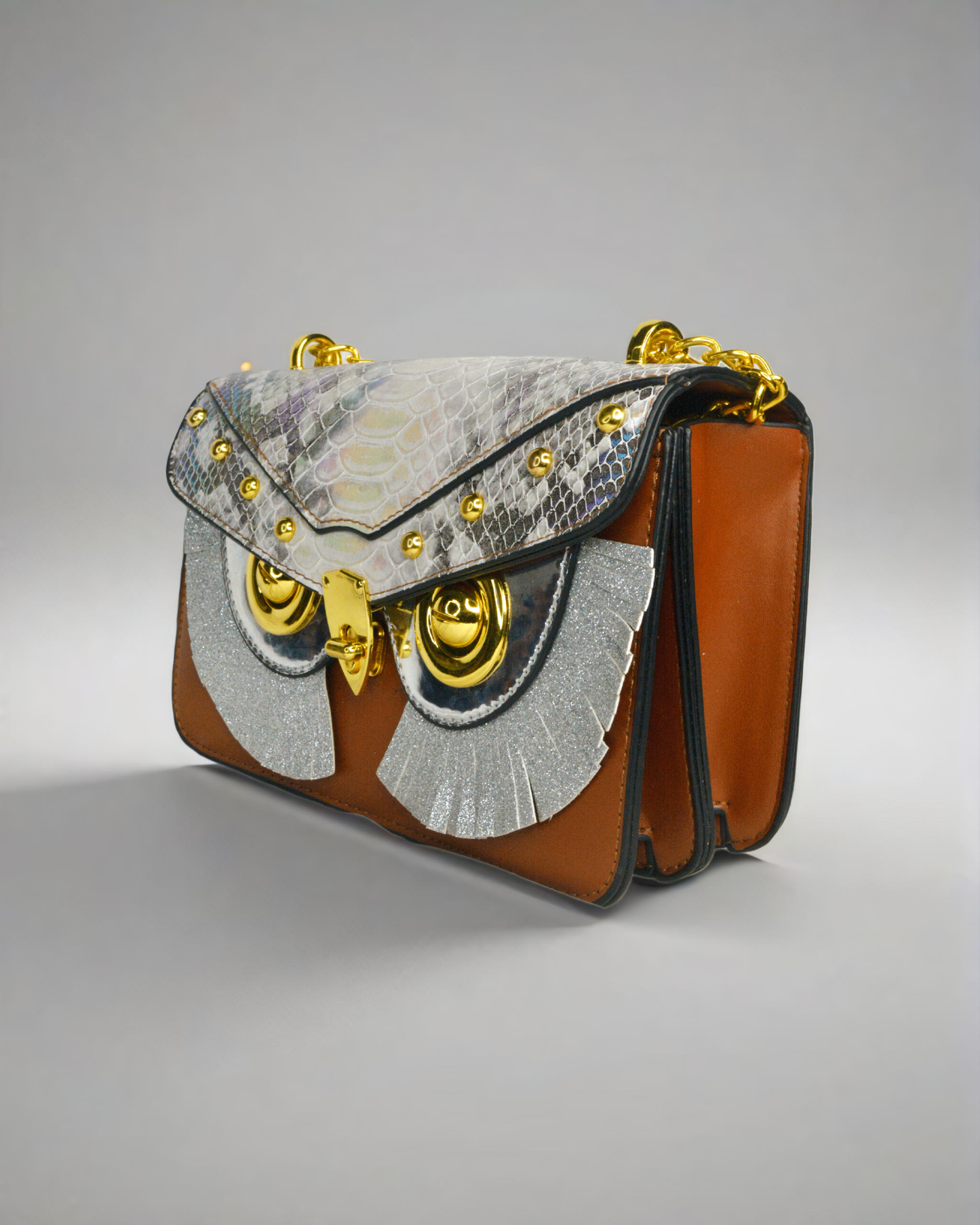 Designer sling sequenced brown owl face handbag