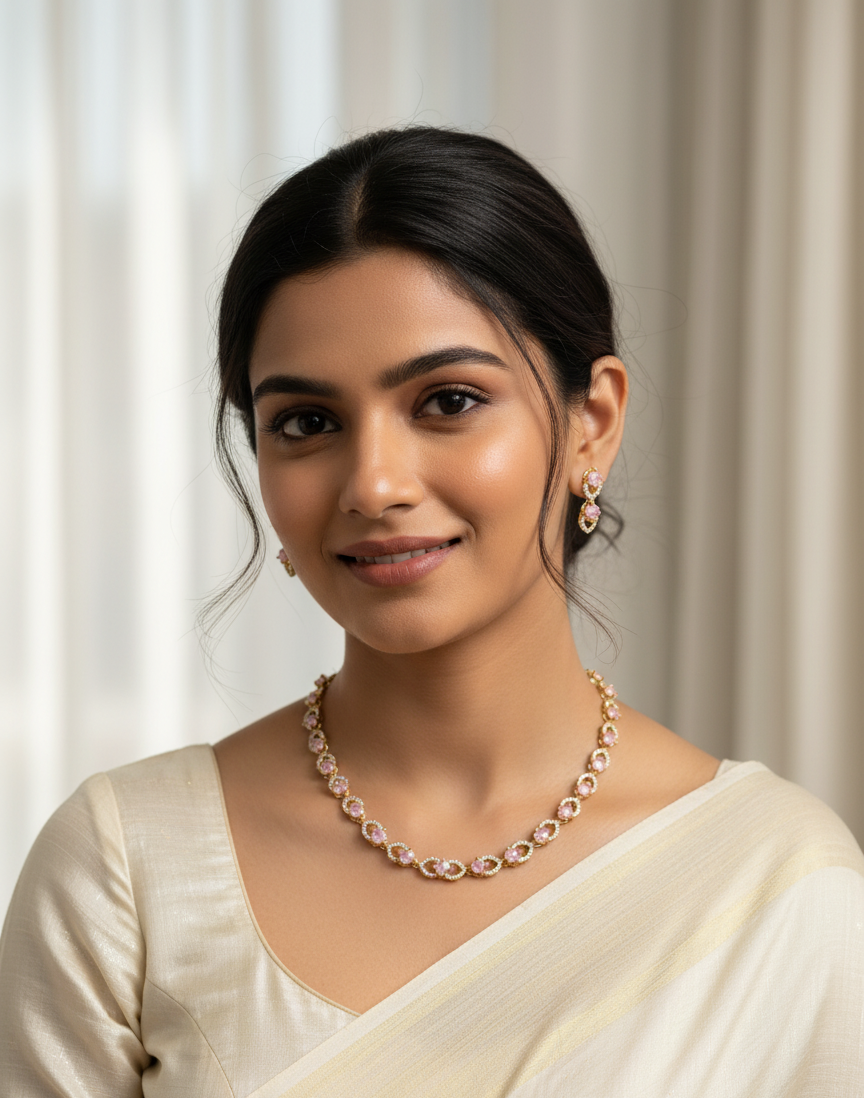 Aquamarine/Sea Green/baby Pink CZ & Gold Tone Necklace Set | Classic Dainty Link Chain & Stud Earrings | Subtle Ethnic Jewelry