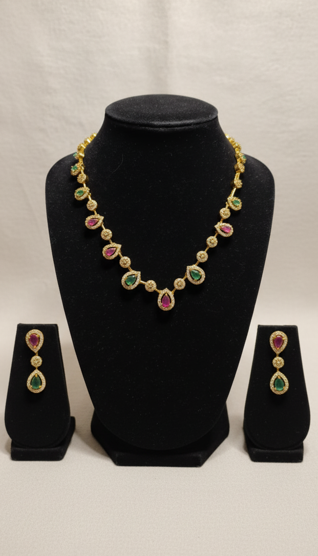 Traditional Kundan Style Multi-Gemstone Chain Necklace | Ruby Emerald Gold Tone Necklace