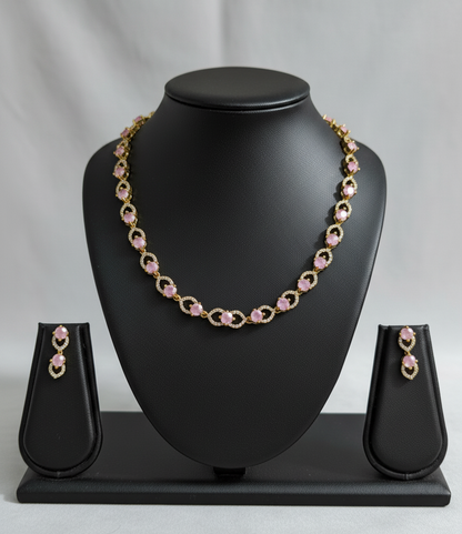 Aquamarine/Sea Green/baby Pink CZ & Gold Tone Necklace Set | Classic Dainty Link Chain & Stud Earrings | Subtle Ethnic Jewelry