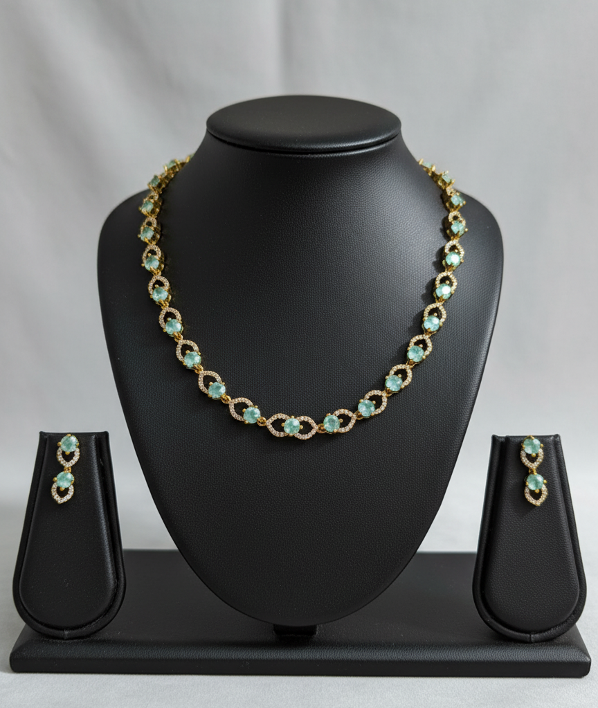 Aquamarine/Sea Green/baby Pink CZ & Gold Tone Necklace Set | Classic Dainty Link Chain & Stud Earrings | Subtle Ethnic Jewelry