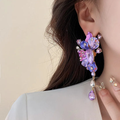 Silver Needle Inlaid Diamond Purple Flower Earrings