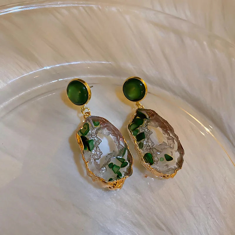 Irregular Geometric Inlaid Green Acrylic Pendants Green Round Opal Earrings Women Jewelry Hyperbole Long Tassel Drop Earrings
