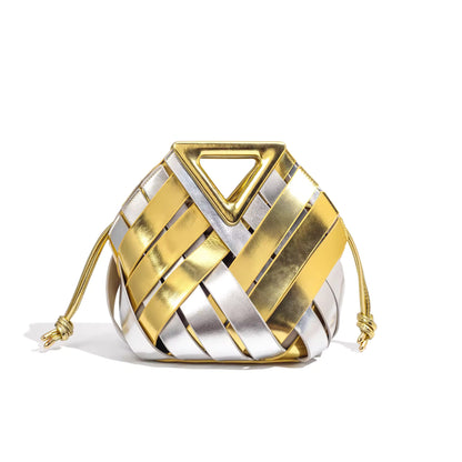 A small structured handbag with a geometric woven design in metallic gold and silver, featuring a triangular top handle and drawstring closure, set against a plain white background.