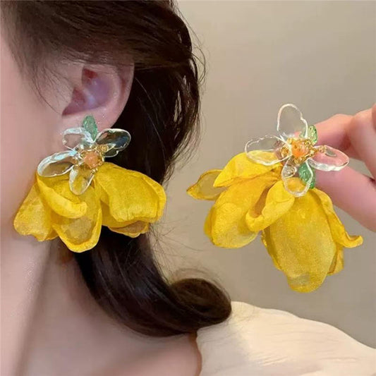 Statement Fabric Petal Dangle Earrings | Crystal Flower Top