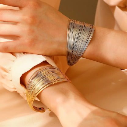 Creative Exaggerated Women Stainless Steel Gold Multi-Layer Open Wide Geometric Design Bracelet