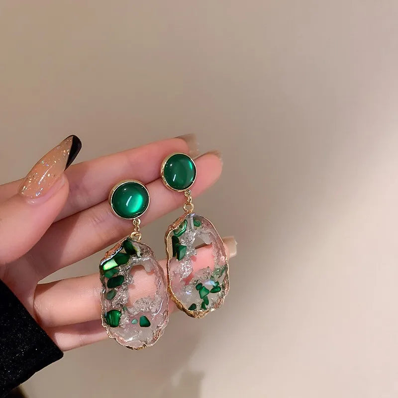 Irregular Geometric Inlaid Green Acrylic Pendants Green Round Opal Earrings Women Jewelry Hyperbole Long Tassel Drop Earrings