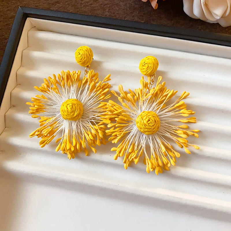 Hot Pink and Yellow Fiber Art Starburst Earrings | Thread-Wrapped Floral Dangles