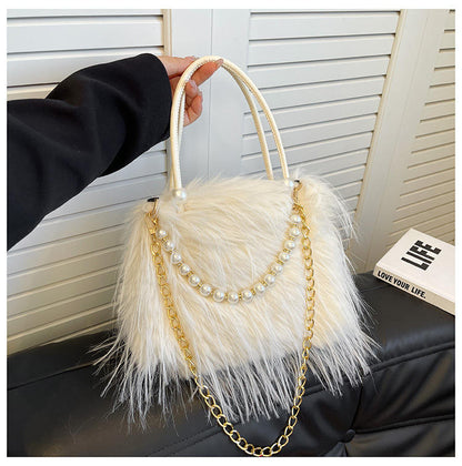 Elegant Faux Fur Handbag with Pearl & Chain Embellishments