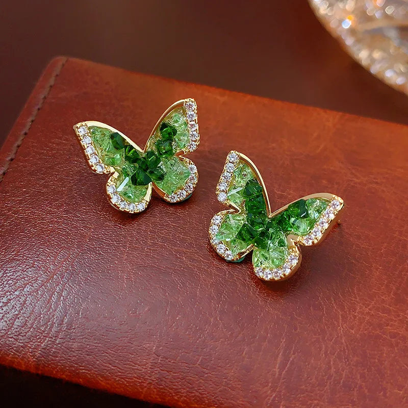 New Design Green Butterfly Earrings with Silver Needle Diamond Stud Earrings Women
