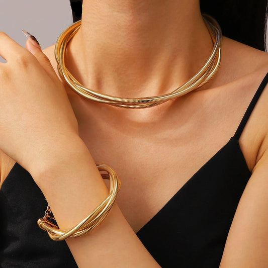 Hot Selling Snake Bone Multi-layer Three Line Winding Buckle Bracelet Women Jewelry Punk Metal Alloy Necklace Bracelet Set