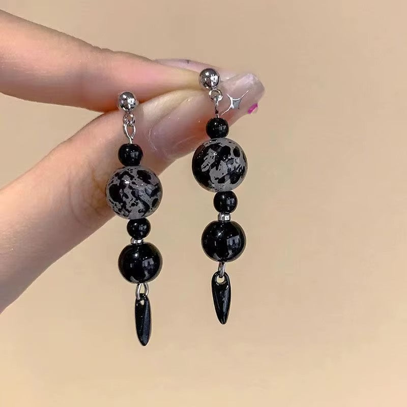 Modern Snowflake Obsidian & Onyx Beaded Drop Earrings