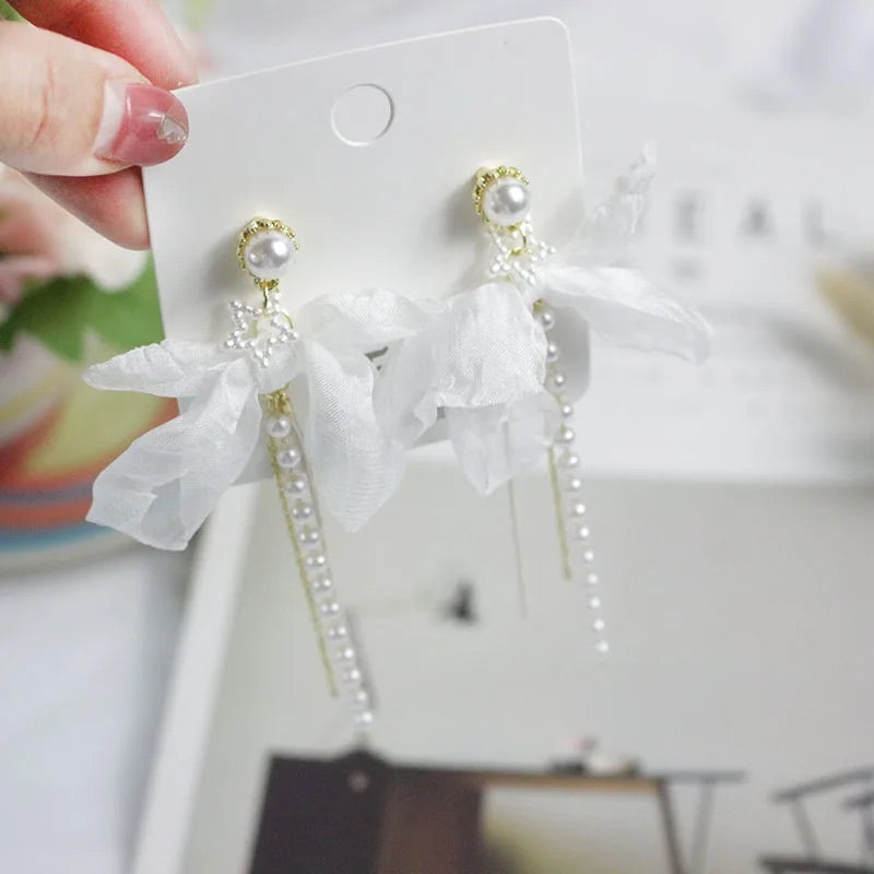New Arravial Fashion Bohemian Style Long Tassel Elegance White Gauze Nets Yarn White Bow Knot Earrings