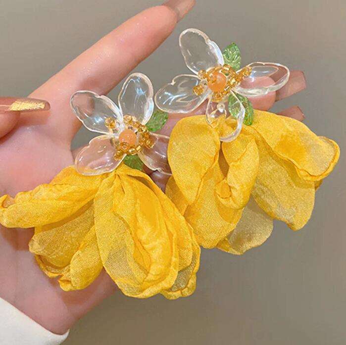 Statement Fabric Petal Dangle Earrings | Crystal Flower Top