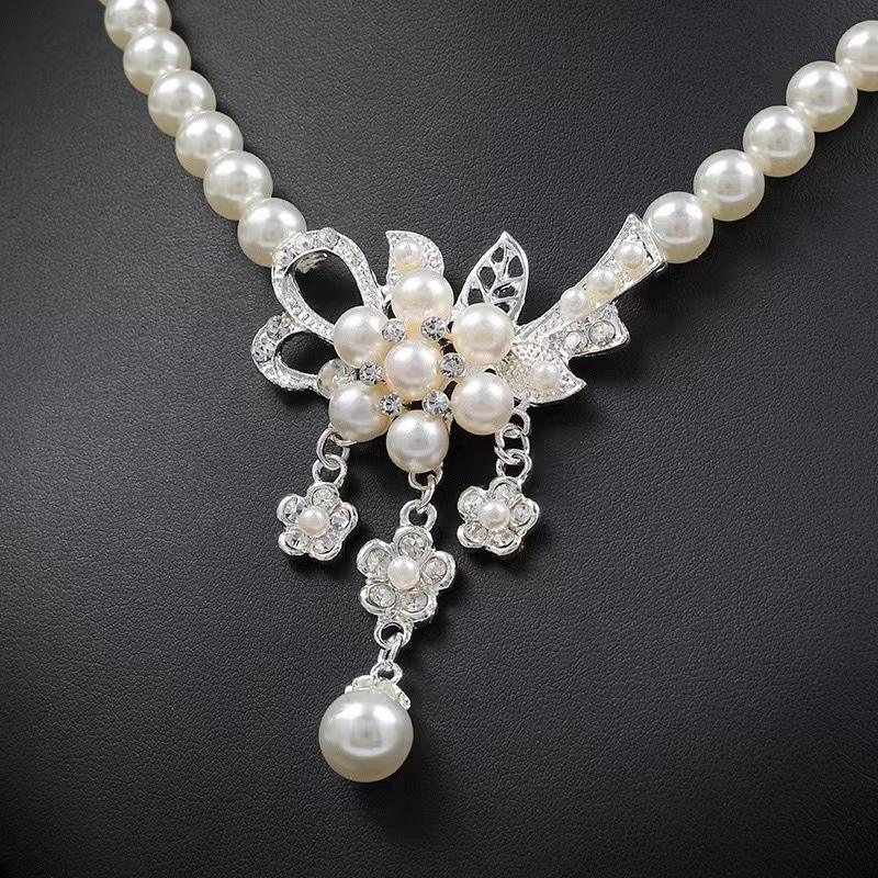 Classic White Pearl & Crystal Floral Necklace Set – Silver Tone Wedding & Bridal Jewelry with Matching Drop Earrings