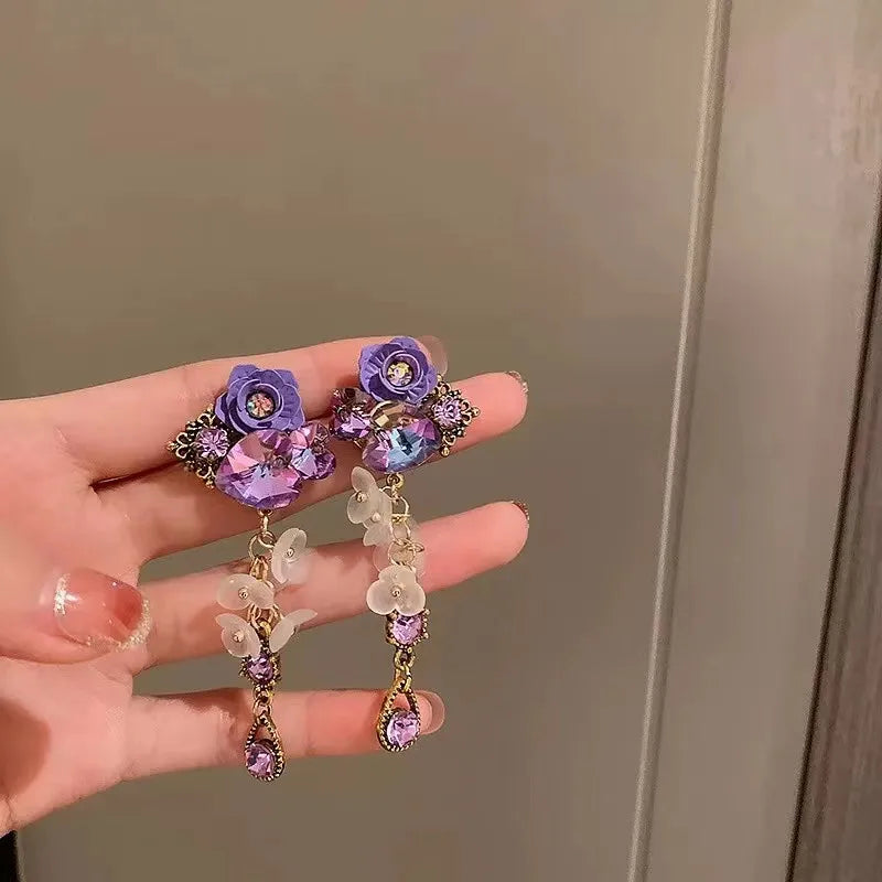 Crystal Heart 925 Silver Needle Purple Flower Dinner Party Style Versatile Earrings