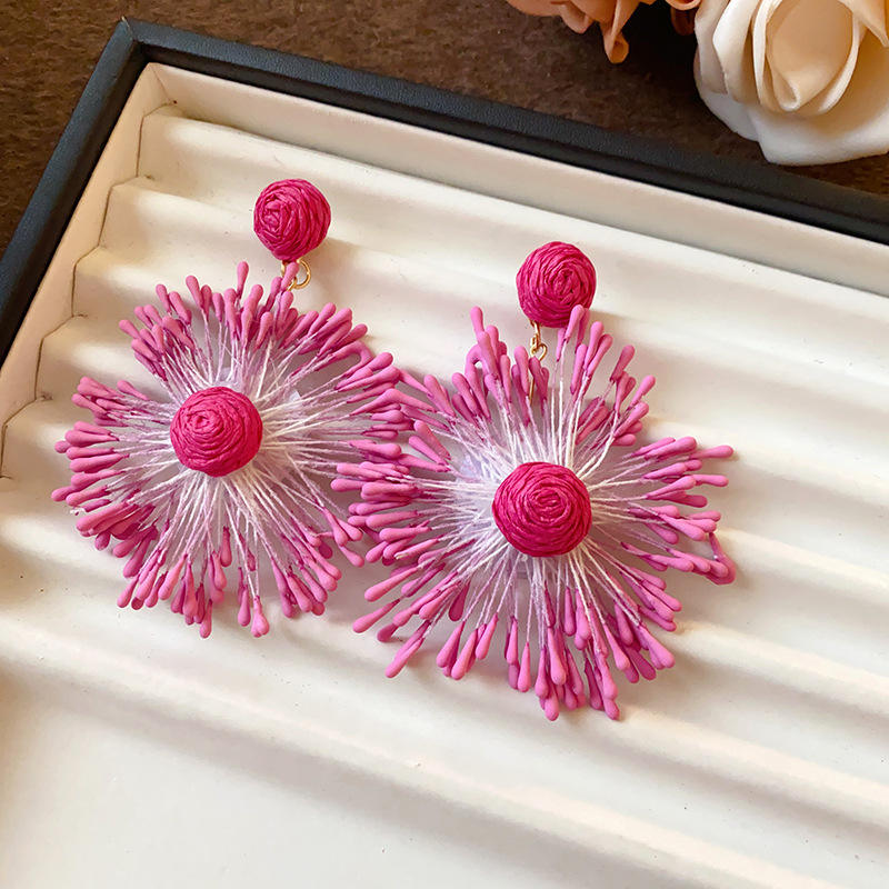 Hot Pink and Yellow Fiber Art Starburst Earrings | Thread-Wrapped Floral Dangles