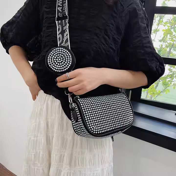 Black Rhinestone Crossbody Bag with Round Coin Purse – Sparkly Shoulder Bag with Strap for Women