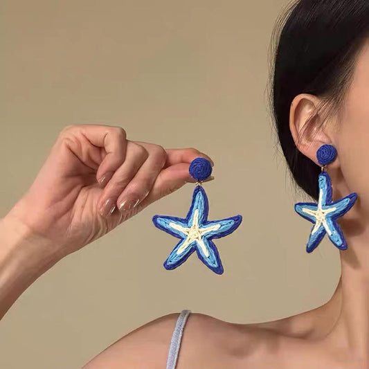 Blue & White Wrapped Starfish Dangle Earrings | Coastal Beach Jewelry
