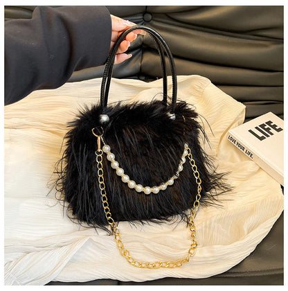 Elegant Faux Fur Handbag with Pearl & Chain Embellishments