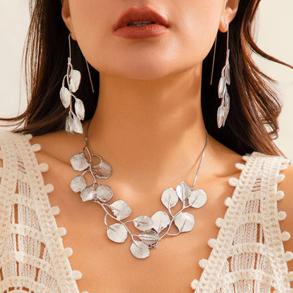 Anti turnished  Leaf tassel Earrings and Choker Necklaces Set for Women Trendy gold silver plated leaf metal jewelry necklace for women