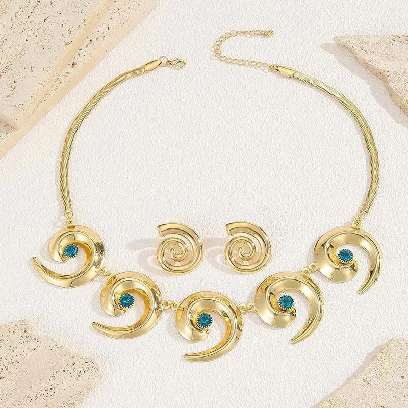 Cross Border Fashion Ocean Style Exaggerated Metal Oversized Spiral Pattern Earrings Women's Necklace Earrings Jewellery Set