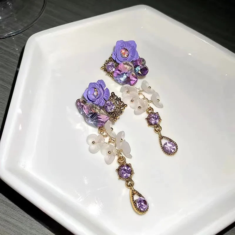 Crystal Heart 925 Silver Needle Purple Flower Dinner Party Style Versatile Earrings