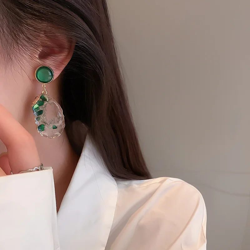 Irregular Geometric Inlaid Green Acrylic Pendants Green Round Opal Earrings Women Jewelry Hyperbole Long Tassel Drop Earrings